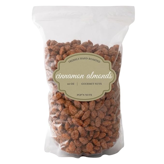 Cinnamon Roasted Almonds 60 oz (3.75 lb) - Candied Almonds Glazed with Cinnamon to Satisfy Any Sweet Tooth - Artisan Hand-Roasted Sweet Nuts by Pop’N Nuts