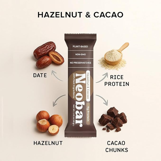 NEOBAR 9g Plant-Based Protein Fruit and Nut Bars - Vegan Snack Bars Gluten Free Dairy Free Snacks No Preservatives No Refined Sugars Added Non-GMO | Hazelnut &amp Cacao 12 Count