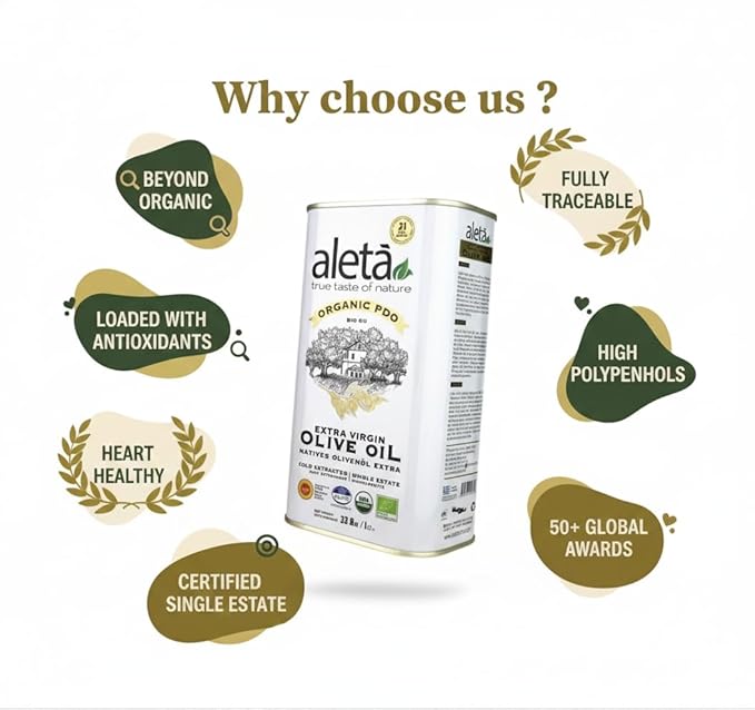 Aleta Single Estate Organic Extra Virgin Olive Oil Greek EVOO Unfiltered and Unrefined Rich in Polyphenol Kosher 33.8 oz (1 LT) Pack of 3