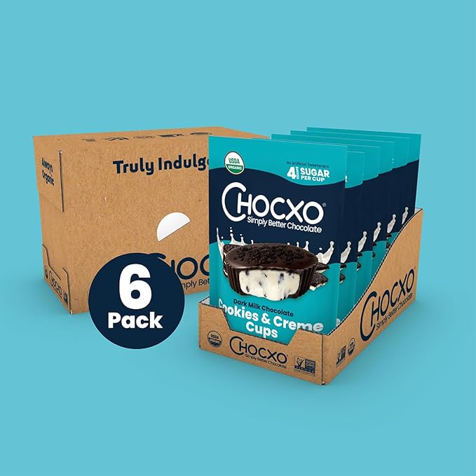 Chocxo Dark Milk Chocolate Cookies &amp Crème Cups - Lower Sugar 69% Organic Cacao NonGMO Keto Gluten Free Kosher No Artificial Sweeteners/Sugar Alcohols 3.45 oz (Pack of 6)