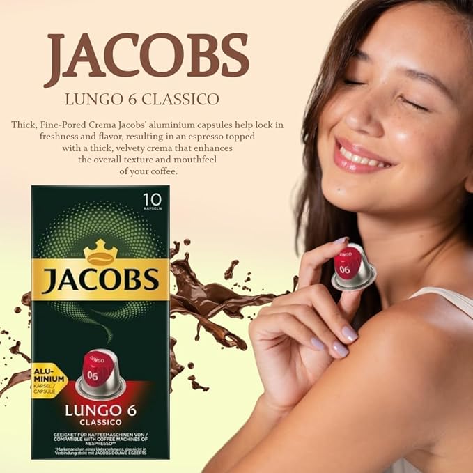 Jacobs Lungo 6 Classico 10x10 CAPSULES Coffee Capsules Compatible with (057 USD/1 CAP)