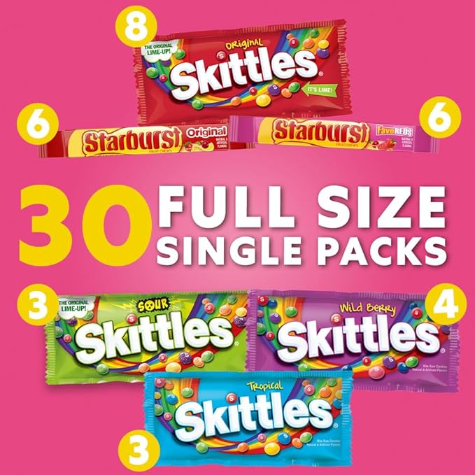 STARBURST Original &amp FaveRed and SKITTLES Original Wild Berry Sour and Tropical Chewy Candy Full Size Travel Essentials Variety Pack 30 Count Bulk Box