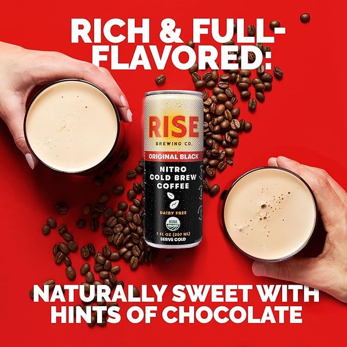 RISE Brewing Co. | Original Black Nitro Cold Brew Coffee | Sugar and Gluten-Free Vegan | Organic &amp Non-GMO | Low Acidity | 7 fl. oz. Cans (4 Pack)