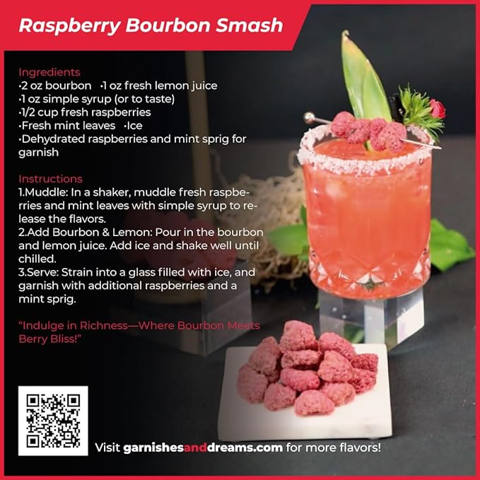 Garnishes &amp Dreams Dehydrated &amp Dried Raspberries (12oz) – Natural Red Fruit for Cocktails Mixology Desserts &amp Healthy Snacking No Sugar Added Edible Dried Fruit for Drinks &amp Bakin