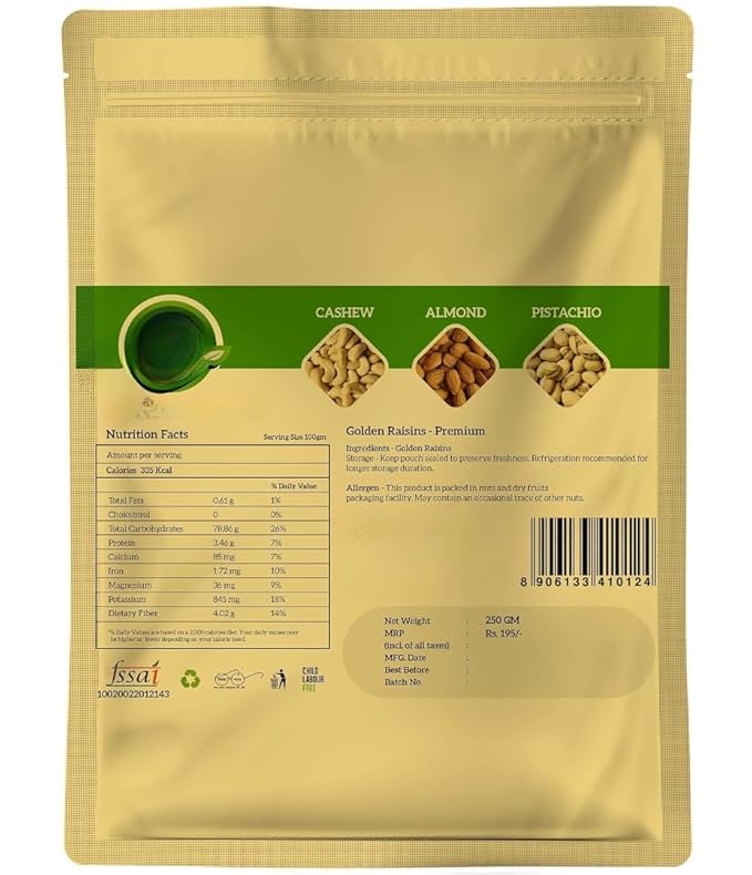 100% Natural - Premium Golden Raisins (Kishmish) Everyday Essential Superfood - Dry Fruits &amp Nuts Rich in Fiber helps in digestion - 250 gm