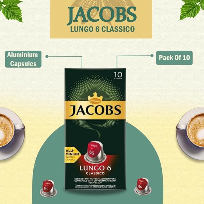 Jacobs Lungo 6 Classico 10x10 CAPSULES Coffee Capsules Compatible with (057 USD/1 CAP)