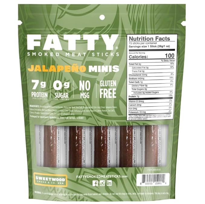 Fattty Smoked Meat Sticks Jalapeno Minis Flavor Made with Grass Fed Beef and Pork Raised Without Antobiotics 15 oz