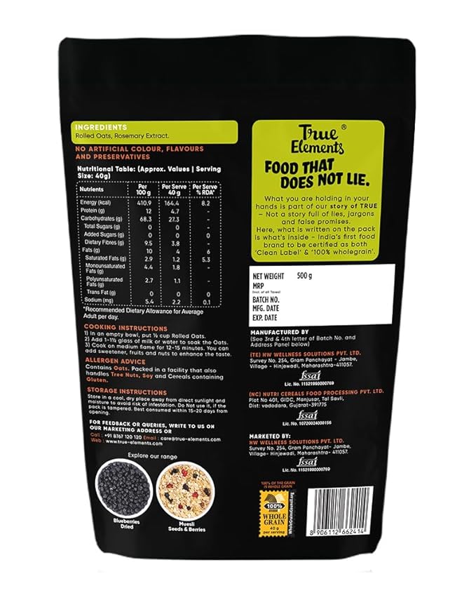 True Elements Gluten Free Rolled Oats 500gm