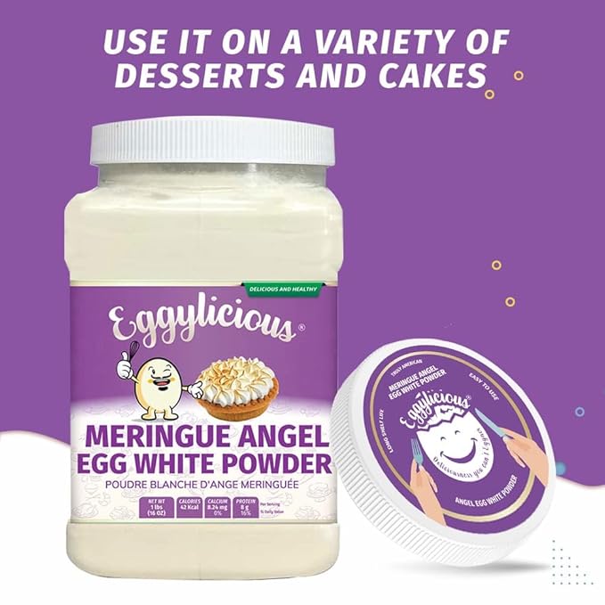 Eggylicious Meringue Powder – Made w/Pure Egg Whites - Gives Body &amp Stability to a variety of icings – Ideal for Homemade Filling/Royal Icing/Cake Decorations &amp More – Preservatives Free – 1lb