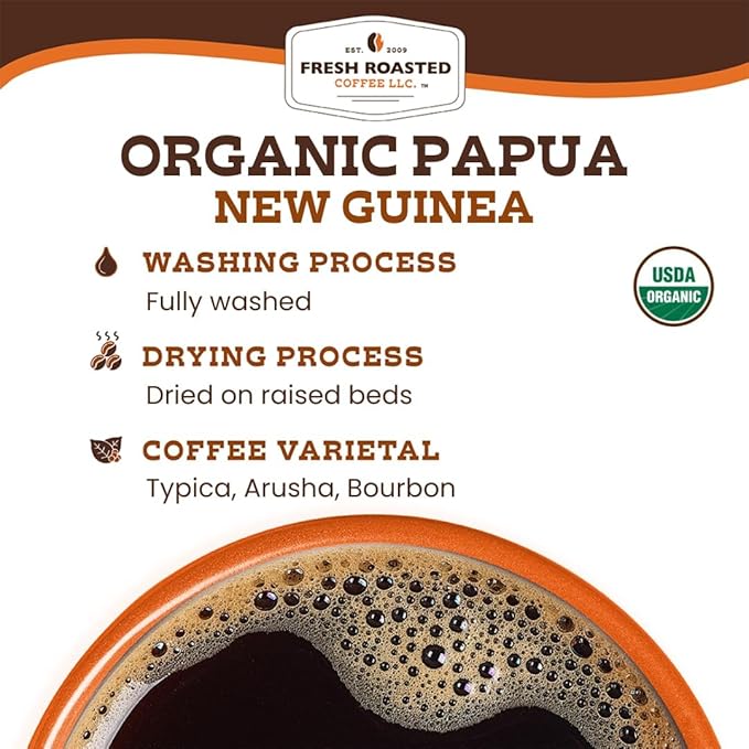 Fresh Roasted Coffee Organic Papua New Guinea | USDA Organic 100% Single Origin Kosher | Medium Roast 72 Pods for K Cup Brewers