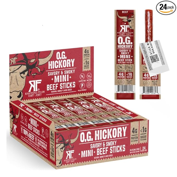 Righteous Felon Mini Meat Sticks | 100% Grass-Fed Beef Sticks | Keto Gluten Free Low Sugar High Protein Snacks | Healthy Meat Snacks for Kids &amp Adults | OG Hickory Beef Sticks 24 Count