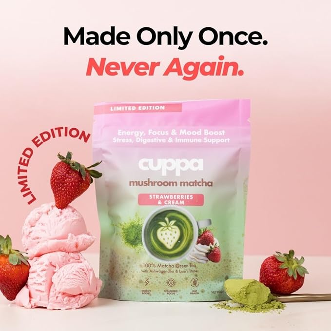 Cuppa Strawberries &amp Cream Matcha - Great tasting ceremonial matcha with mushrooms adaptogens &amp superfoods - Lion's Mane Ashwagandha Cordyceps MCT &amp Prebiotic Fiber . Supports natural