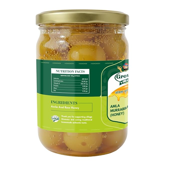 Growing Villagers Organic Amla Murabba in Honey 600g | Vitamin C Rich Immunity Booster | Organic Indian Gooseberry Soaked in Honey | Antioxidant Nutritional Powerhouse