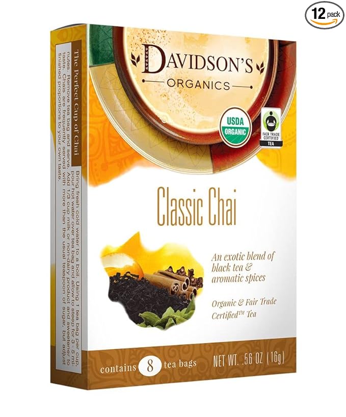 Davidson's Organics Classic Chai 8-count Tea Bags Pack of 12