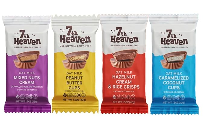 7th Heaven Vegan Oat Milk Chocolate Cups: Variety Pack (Mixed Nuts Cream Hazelnut Cream &amp Rice Crisps Caramelized Coconut Cups Peanut Butter Cups) - (1.5 oz - 8 Pack) Healthy Chocolate Perfe