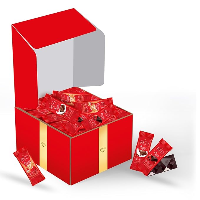 RED Delight®™ 100 Piece Chocolate Gift Box (100 Piece Gift Box w/Bite Size Bars +14 Plush Bear Variety: Milk Dark &amp Blonde)