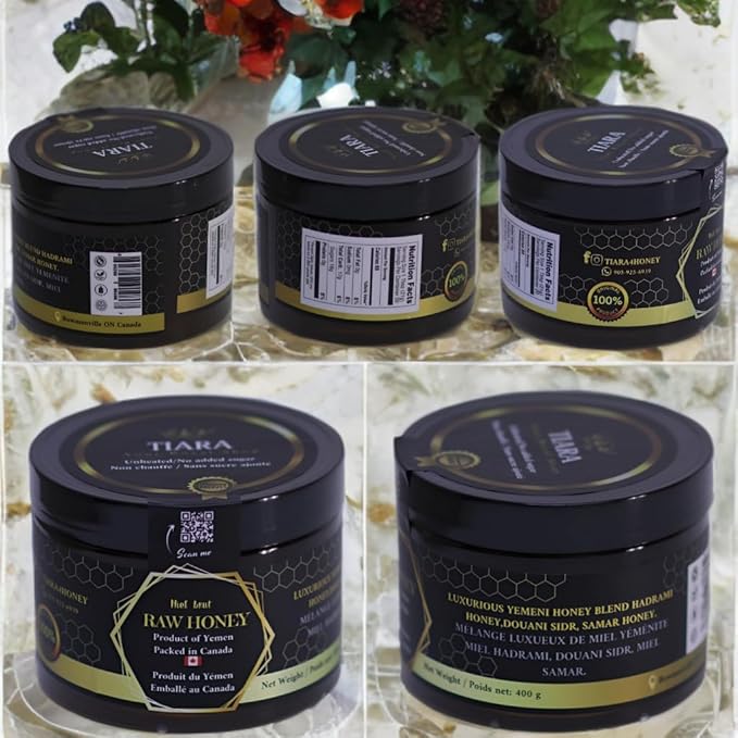 TIARA Yemeni Honey Blend – Samār Hadrami &amp Douani Sidr – 100% Raw Pure &amp Natural CFIA Certified Unpasteurized Packed in Canada Premium Quality – 14 Fl Oz 400g + Free Honey Dipper Gift