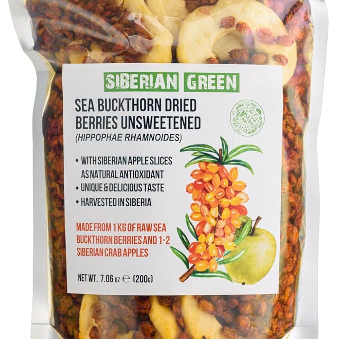Siberian Sea Buckthorn Dried Berries 7.06 oz (200 g) Unsweetened 100% Raw Natural Wild Harvested Hippophae Fruit Apple as Antioxidant Additives High Omega-7 Sports Bars Yogurt Smoothie Snacks