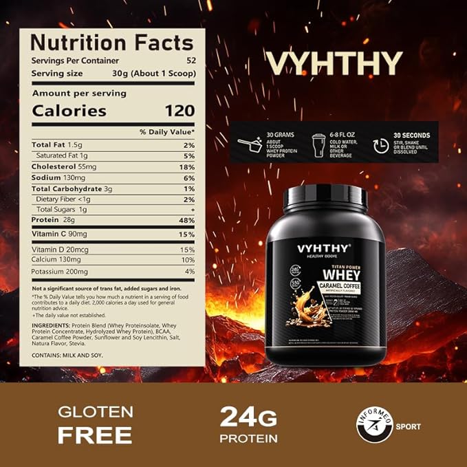 Caramel Coffee Flavored Whey Protein Powder24g Protein per Serving Fast-Absorbing Concentrated whey Protein Low Sugar Gluten-Free Natural Flavor 3.5lbs(56oz)