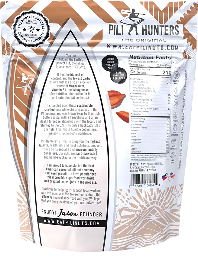 Pili Hunters Wild Sprouted Pili Nuts - Raw Cacao &amp Organic Coconut Sugar - Paleo &amp Vegan Keto Snack for Low Carb Energy - Gluten &amp Dairy Free Superfood - Non-GMO - As Seen on Shark Tank -