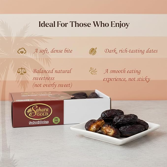 Sahara Gold Safawi Dates - Authentic Saudi Grown from Al- Madinah - NON-GMO &amp Gluten Free Fiber Rich Healthy Snacks - Naturally Mildly Sweet - Bulk Non-Pitted Dates - For Ramadan &amp Snacking 9