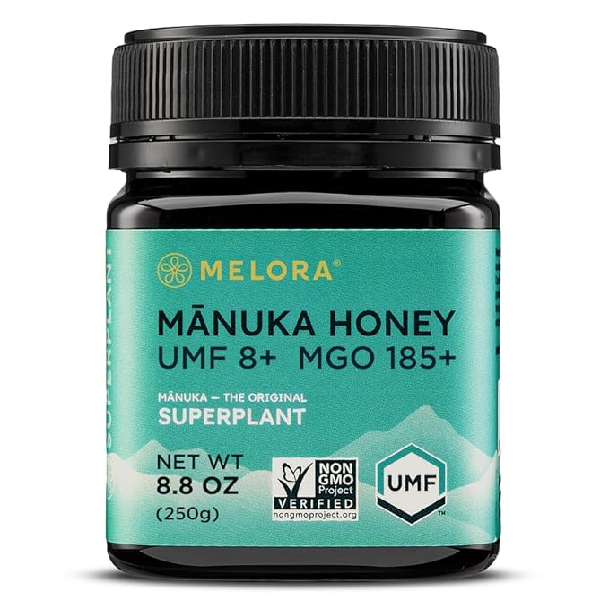 Melora Raw Manuka Honey from New Zealand | UMF 8+ | MGO 185+ | 8.8 Oz Jar | Safe for Skin Care | Edible &amp Healthy Sugar Alternative | Traceable from Hive to Hand Manuka Honey