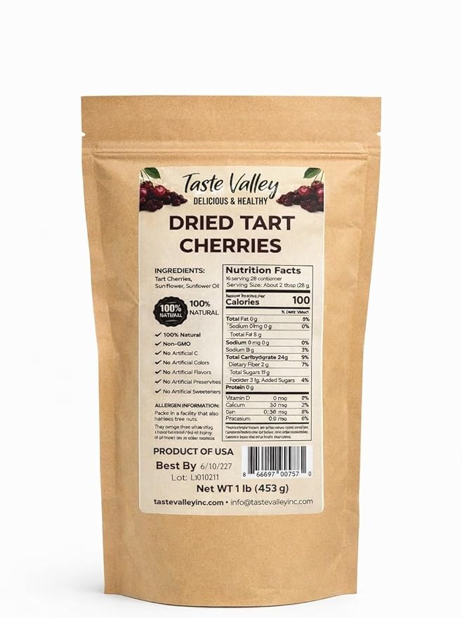 Taste Valley Dried Tart Cherries – Premium USA-Grown Montmorency Cherries Non-GMO &amp Gluten Free No Artificial Preservatives 1 lb (453g) Resealable Pouch