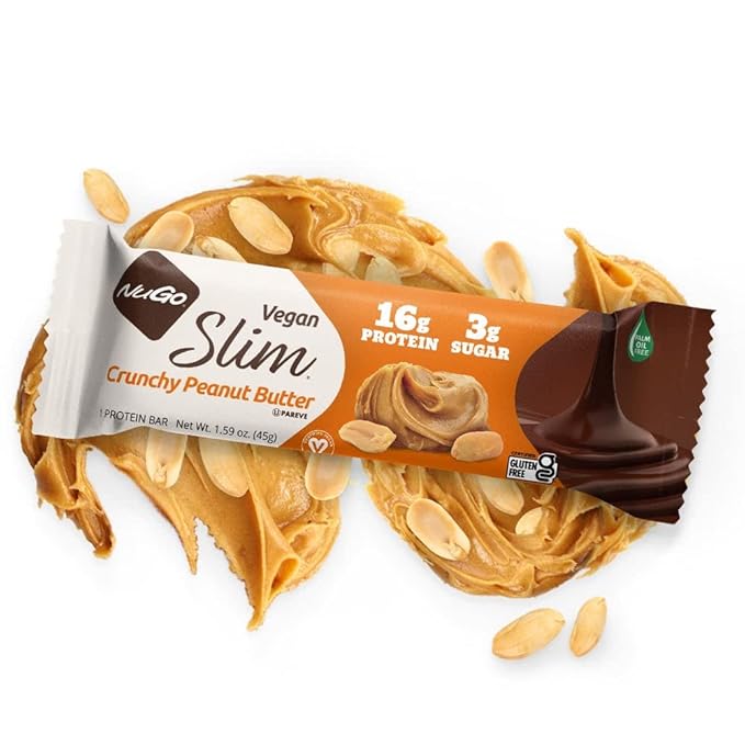 NuGo Slim Dark Chocolate Crunchy Peanut Butter 17g Vegan Protein 3g Sugar 7g Fiber Low Net Carb Keto Friendly Gluten Free 12 Count