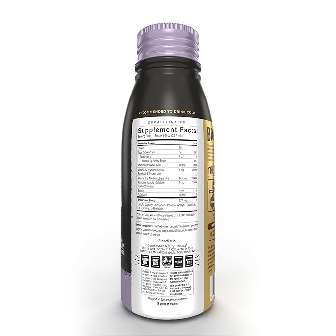 Brainjava Lavender Tea Ready to Drink Beverage With L-Theanine Vitamin C Vitamin B and Potassium for Daily Balance and Wellness Caffeine Free French Lavender With Blueberry Fruit 8 Fl Oz 4 Pac