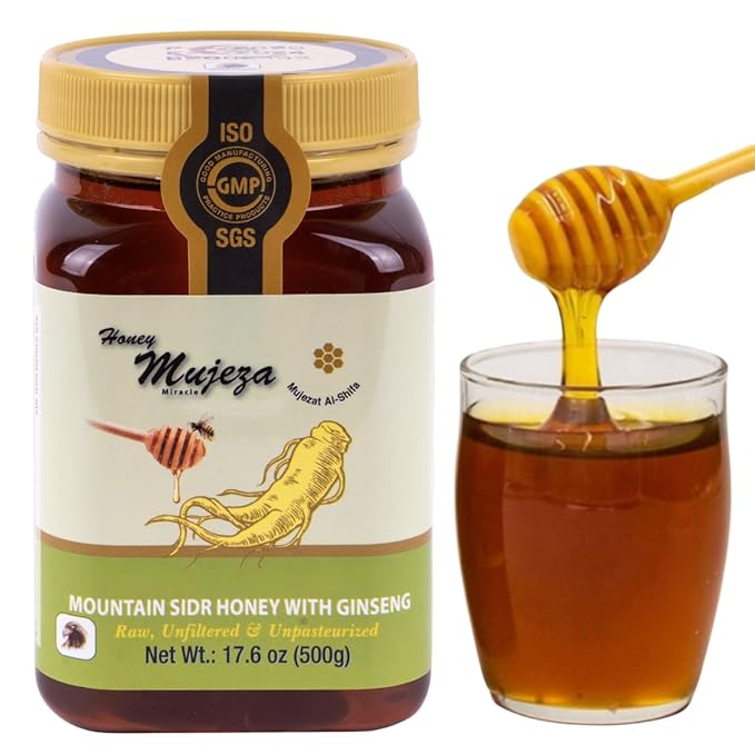 Mujeza Raw Mountain Sidr Honey with Red Korean Ginseng Royal Jelly Bee Propolis Palm Pollen Black Seed Powder 500g/17.6oz - Immune Booster Sugar &amp Gluten Free - Men &amp Women - Mujezat Al-Shifa