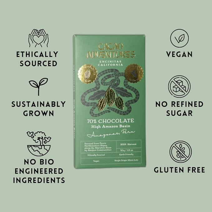 Cacao Adventures - 70% Ceremonial Grade Cacao Bar | Wild Strains | Natural | Ethically Sourced Sustainably Grown | (1.76 oz - Pack of 10)