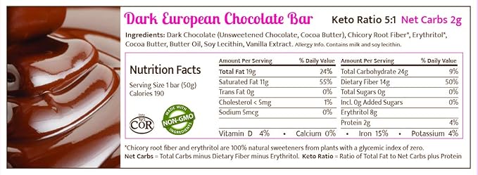 ChocoPerfection 1.8 oz. Sugar Free Dark Chocolate Bars - No Maltitol - Box of 12 Bars