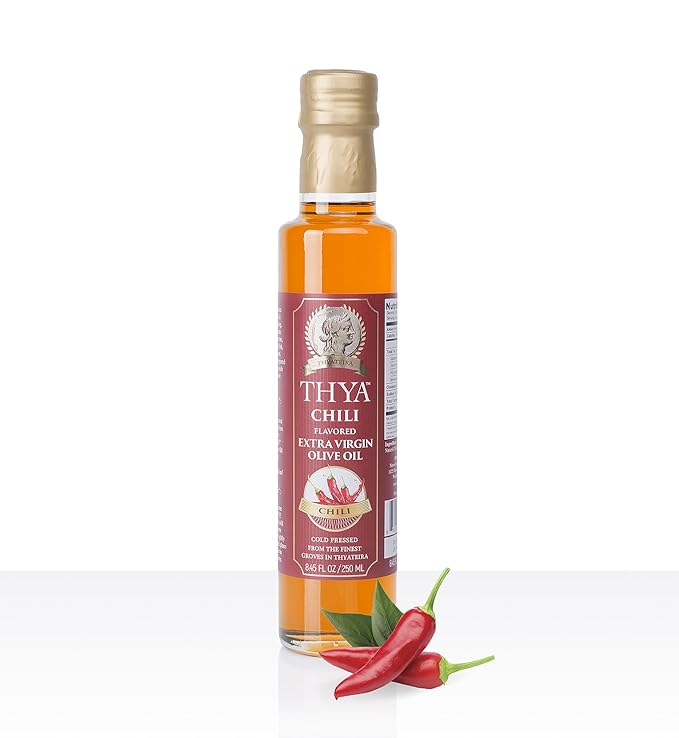 Thya Flavored Extra Virgin Olive Oil Variety Pack: Garlic Chili Pepper Truffle Basil | First Cold Pressed Olives | EVOO Value Pack | 4 Bottles of 8.45 Fl oz each | Total 33.8 Fl oz