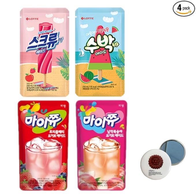 Korean Covenienve Store Drink Pouch Sampler Set - 5 PACK 10 PACK (grape strawberry blue lemonade peach ice tea shine muscat) + dalgaru yakgwa mirror (2024 SUMMER ADE 4 PACK)
