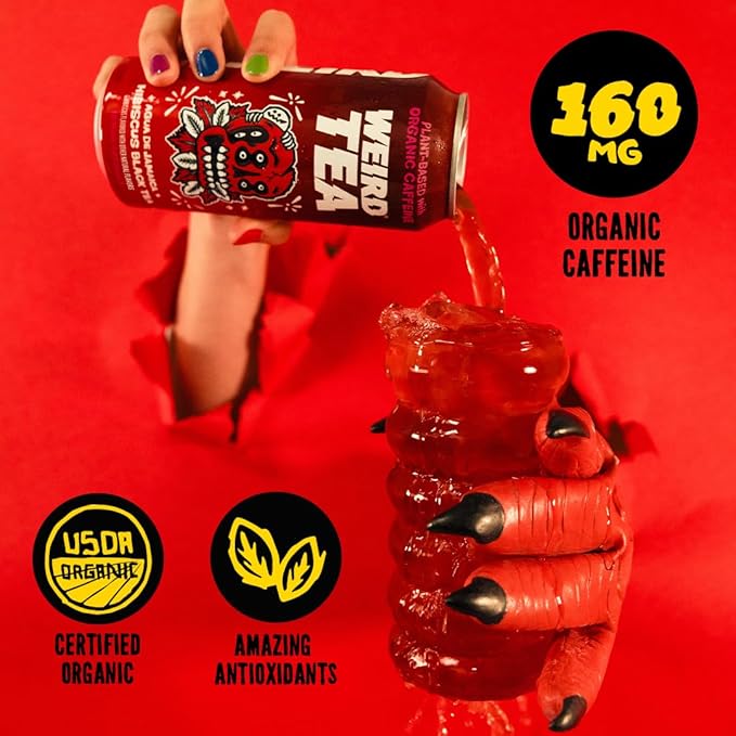 Drink Weird Organic Agua de Jamaica Hibiscus Black Tea – 16oz Cans 160mg Organic Caffeine Pack of 12 – Bold &amp Refreshing Energy Drink Alternative