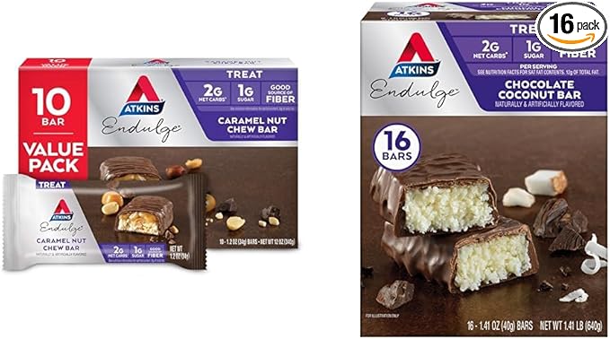 Atkins Endulge Caramel Nut Chew Bar Dessert Favorite 1g Sugar Good Source of Fiber Low Sugar 10 Count &amp Endulge Chocolate Coconut Bar Dessert Favorite High in Fiber 1g Sugar 16 Count