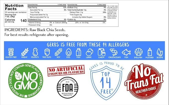 Gerbs Raw Black Chia Seeds 2 lbs. | Small-Batch Packed in Resealable Bag No Artificial Additives | Mildly Nutty Flavor Ideal for Yogurt Oatmeal &amp Baking | Top 14 Allergen-Free