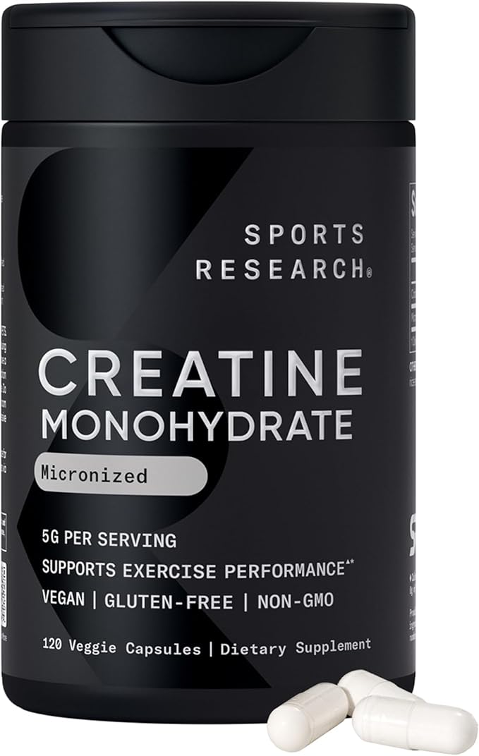 Sports Research® Creatine Monohydrate Capsules - Supports Workout Recovery Lean Muscle gain Performance and Strength* - Non-GMO Vegan Certified - 5g per Servings - 30 Servings