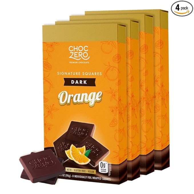 ChocZero Dark Chocolate Orange Squares Sugar Free Vegan Low Carb High Fiber Keto Friendly No Sugar Alcohols (4 Count 3.2oz Boxes)