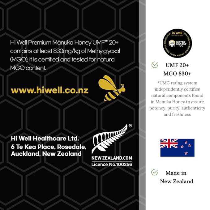 Hi Well Premium New Zealand 100% Manuka Honey | Monofloral Pure Raw Honey | UMF 20+ MGO 830+ Certified | 8.82Oz(250g)