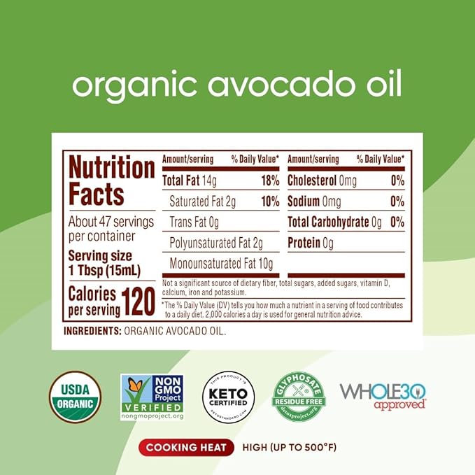 Nutiva Organic Steam-Refined Avocado Oil - Perfect for Cooking Frying Baking and Dressing - High-Heat Oil with Neutral Flavor - Great for Vegan Paleo and Keto Diet - Non-GMO - 24 Fl Oz