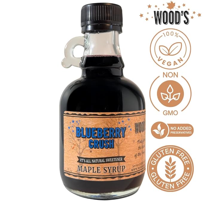 WOOD'S Blueberry Crush Maple Syrup – Small-Batch Vermont Maple Syrup Infused with Real Blueberry Flavor | All-Natural Vegan Sweetener for Pancakes Desserts Cocktails &amp Baking | 8.45 Fl Oz (250m