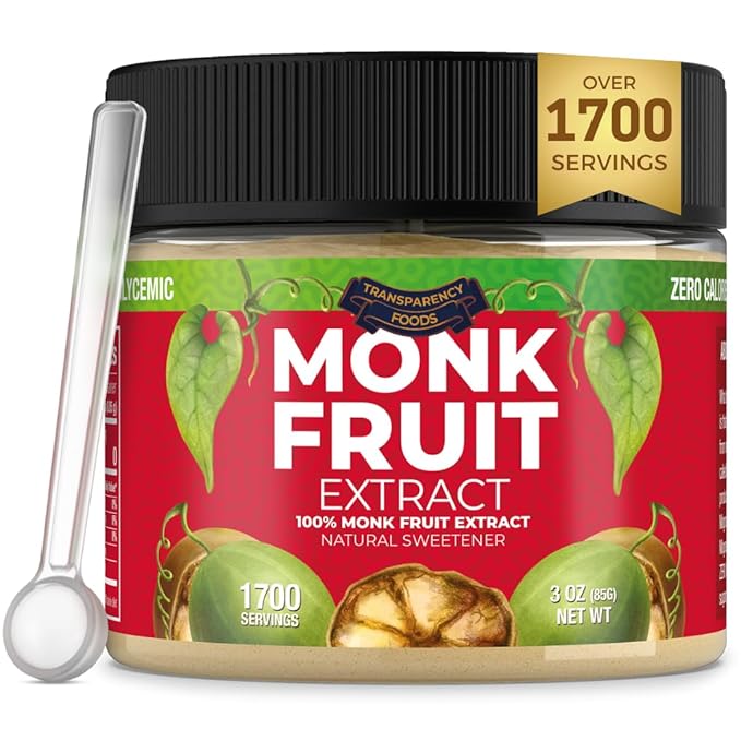 100% Monk Fruit Extract (90X Sweeter Than Sugar) Monk Fruit Sweetener No Erythritol Sugar Substitute Zero Calories Zero Glycemic Non-GMO 25% Mogroside V by Transparency Foods (3oz 1700 servings)