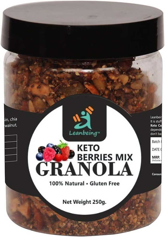 Astha Leanbeing Keto Berries Mix Granola 250G | Low Carb Cereal Gluten &amp Grain Free- Low Fat High Protein Keto Cereals Energy Snack