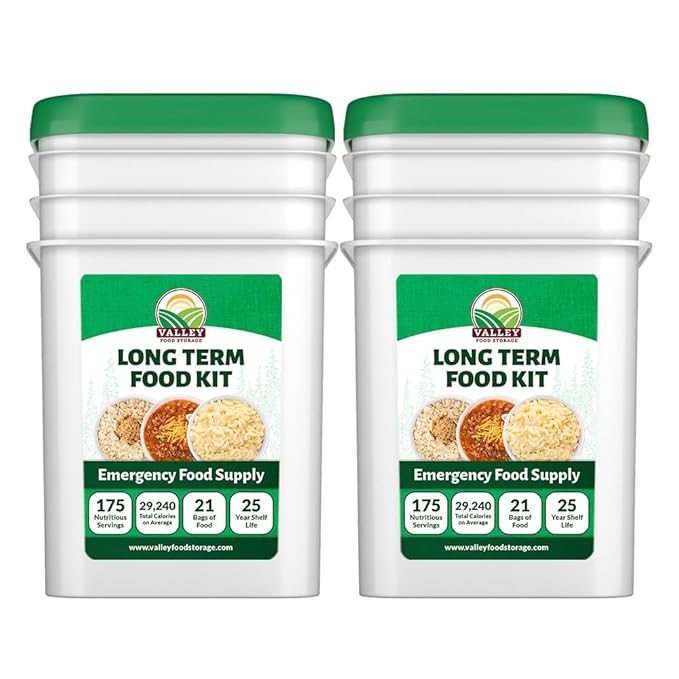 Valley Food Storage Long Term Food Supply Kit | 2 Bucket Emergency Survival Food | 75g+ Daily Protein 1800+ Calories Per Day | 25 Year Shelf Life Prepper Food for Camping &amp Disaster Preparedness
