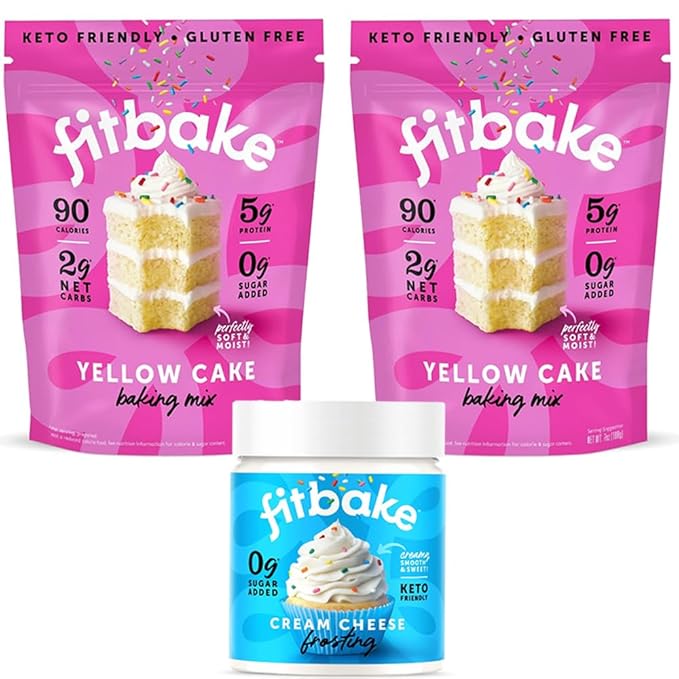 FitBake Yellow Cake Baking Mix and Cream Cheese Frosting Bundle | 0g to 2g Net Carbs Per Serving | Keto Friendly Low Carb Food | Gluten Free Desserts | No Added Sugar