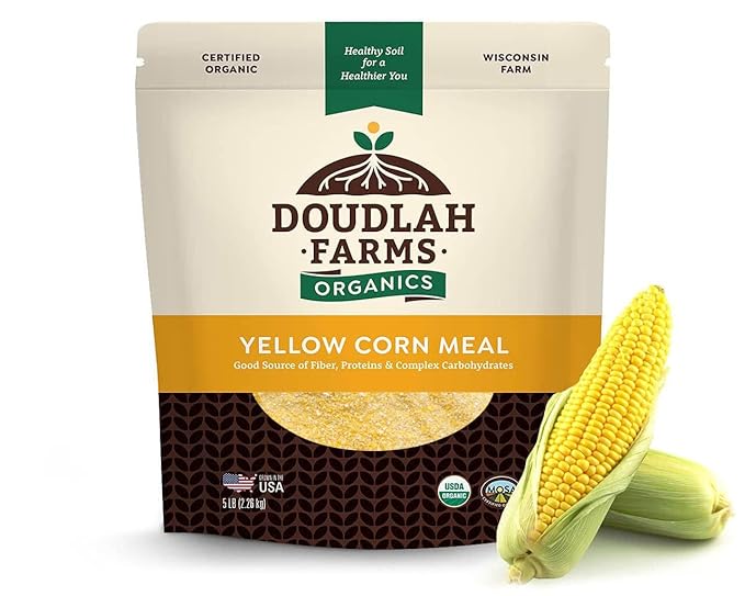 Organic Yellow Cornmeal 5 lb Fine Grind - Non-GMO Gluten-Free Sugar-Free Farmed From Regenerative Soil Vegan Grown In USA For Baking Cornbread Muffins Pancakes and More by Doudlah Farms