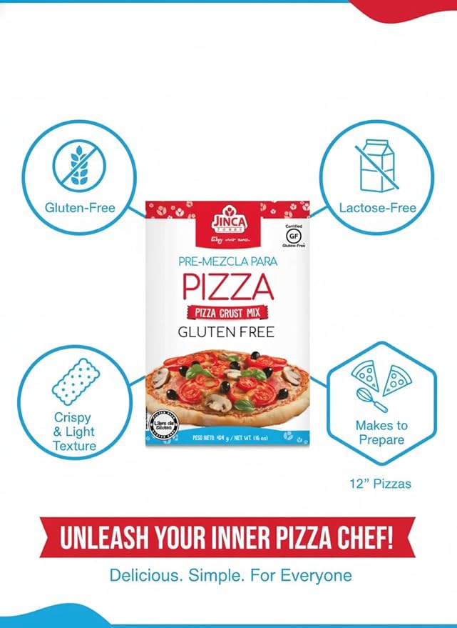 Jinca Gluten Free Pizza Crust Mix 16 oz (454g) – Crisp Thin Crust Easy Homemade Pizza Dough Mix – Wheat Free Lactose Free – Makes Two 12-Inch Pizza Bases