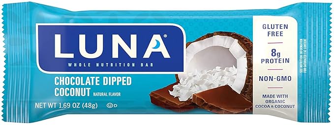 LUNA BAR - Gluten Free Snack Bars - Chocolate Dipped Coconut Flavor -8g of protein - Non-GMO - Plant-Based Wholesome Snacking - On the Go Snacks (1.69 Ounce Snack Bars 30 Count)