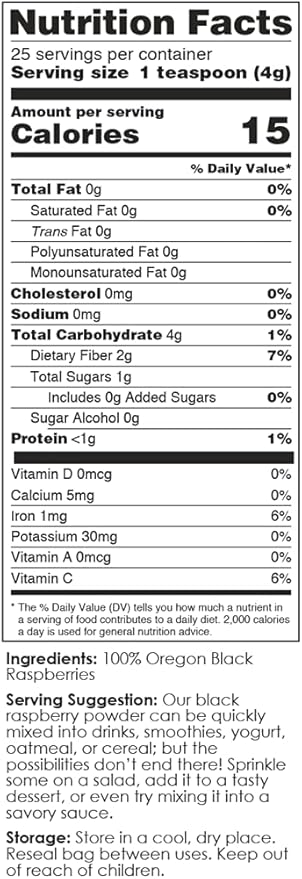 BerriHealth 100% Authentic Oregon Black Raspberry Powder - Made in The USA - 100 Grams - Gluten-Free Vegan Non-GMO